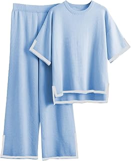 Famulily Damen-Trainingsanzüge, Rundhalsausschnitt, farbblockierter Strickpullover, Oberteil mit hoher Taille, weitem Bein, Hose mit seitlichem geteiltem Saum, S-XL