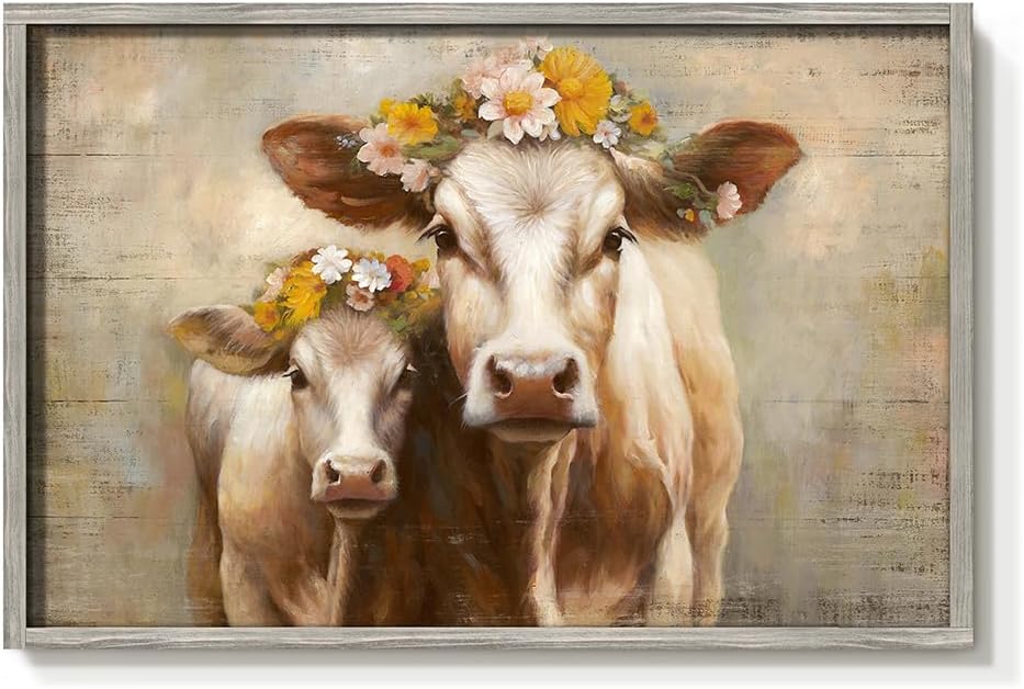 Farm Sheep Wooden Framed Decor: Rustic Farmhouse Animal Picture Cute Sheep with Floral Crown Artwork Country Sheep Wall Decor for Bedroom Kitchen House 16'' x 11''
