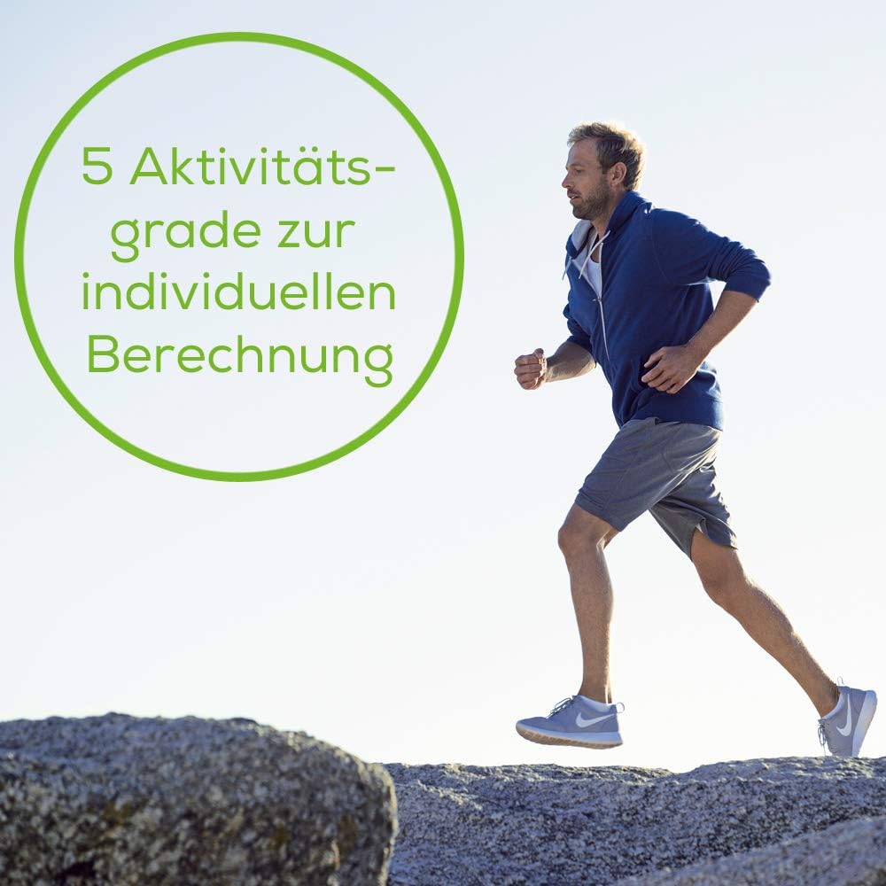 A man running outdoors, with text overlay '5 Aktivitätsgrade zur individuellen Berechnung' (5 Activity Levels for Individual Calculation).