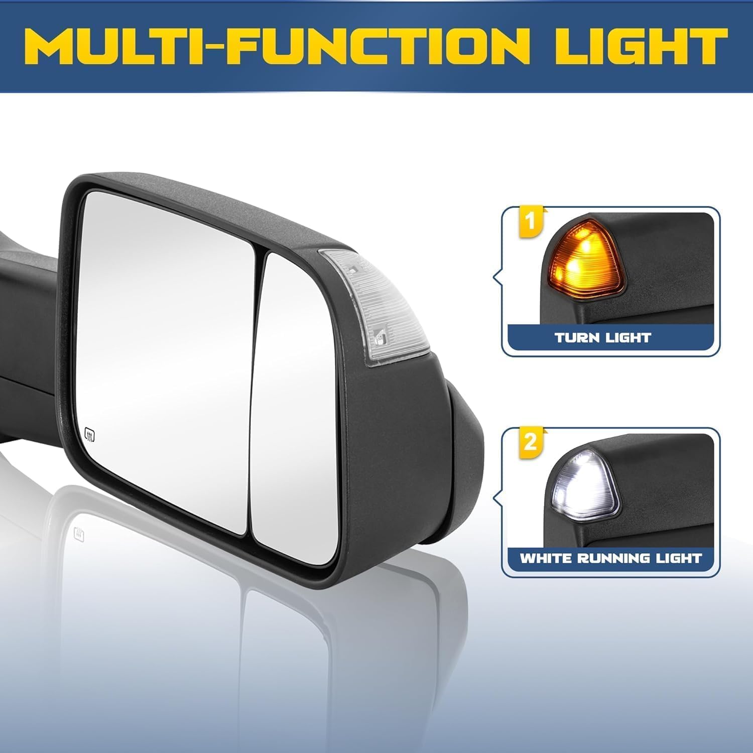 Pair Power Heated Towing Mirrors Compatible for 1998 1999 2000 2001 Dodge 1500 1998-2002 Ram 2500 3500 w/White Running light Side Tow Mirror Manual Flip Fold (Black)