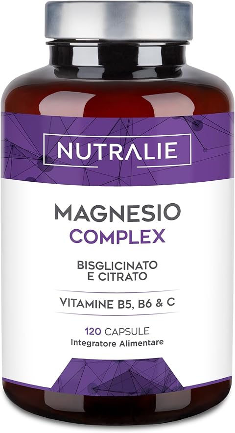 Magnesio Bisglicinato + Citrato 2145mg - Vitamine B5, B6 e C | Stanchezza e Fatica - Magnesium Complex - 120 Capsule Vegane Magnesio Completo Nutralie