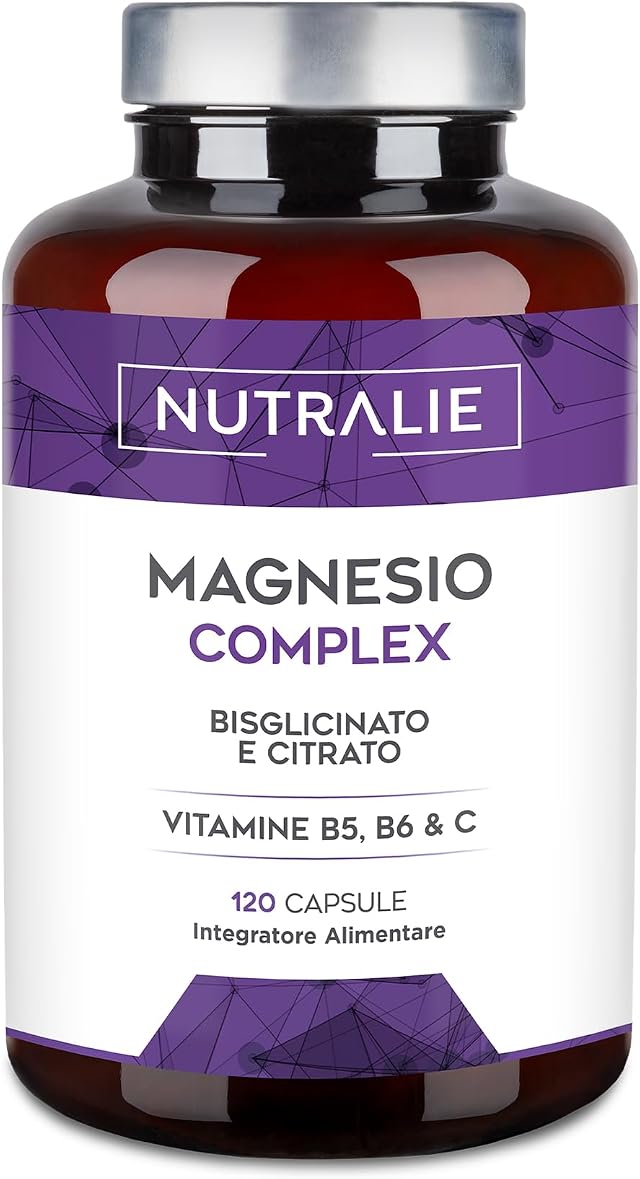 Magnesio Bisglicinato + Citrato 2145mg - Vitamine B5, B6 e C | Stanchezza e Fatica - Magnesium Complex - 120 Capsule Vegane Magnesio Completo Nutralie