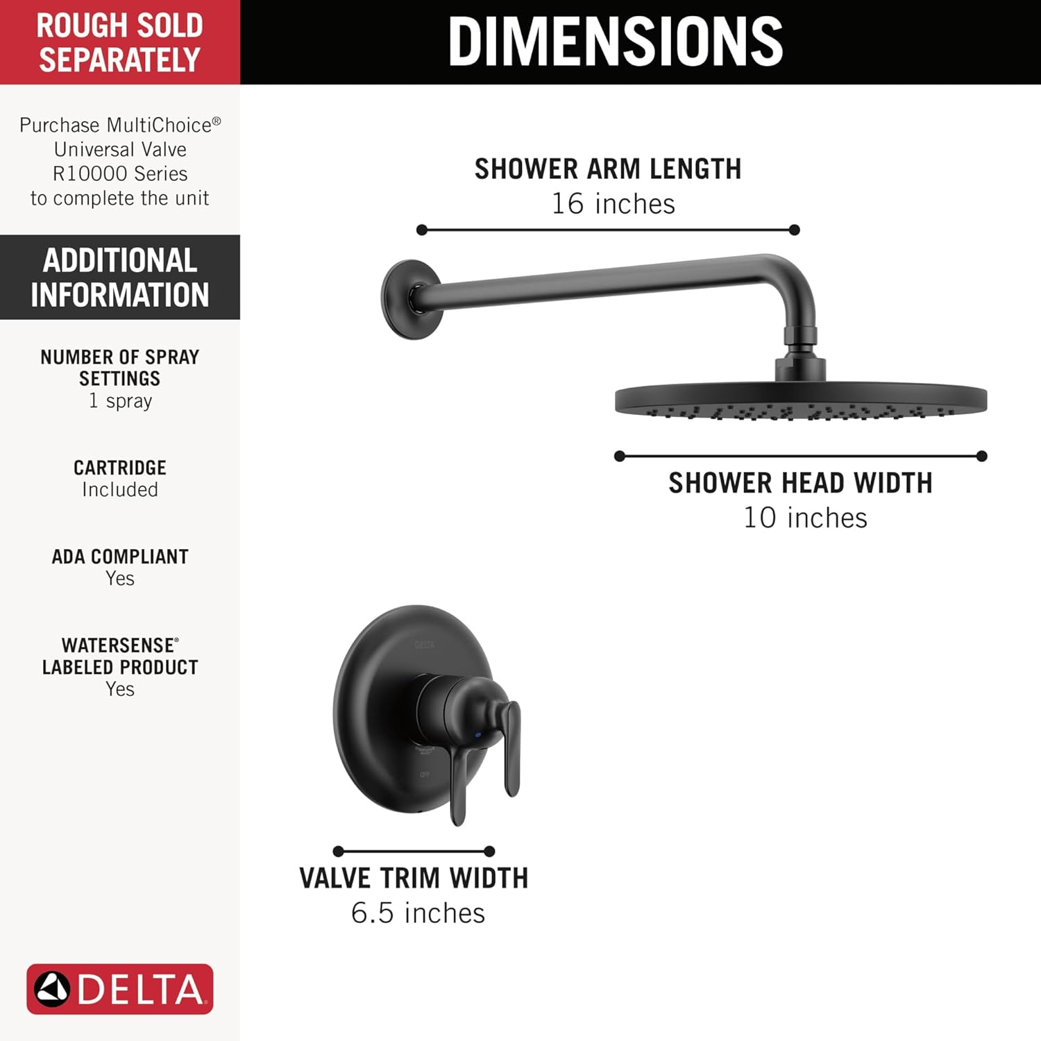 Delta Bonacci 17 Series Dual-Function Rain Shower Faucet Set, Matte Black Rainfall Shower Head and Handle Set, Valve Trim Kit, Matte Black T17245-BL (Valve Not Included)
