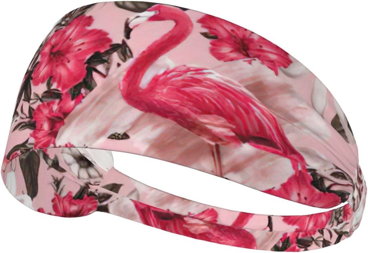 Unisex Wide Flamingo Floral Printed Print Elastic Exercise Headband Soft Breathable Wicking Workout Sweatband