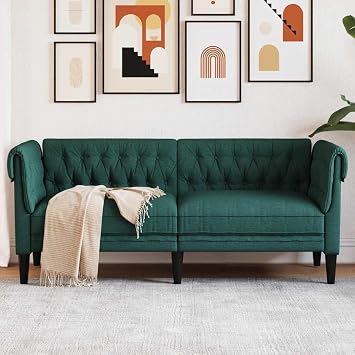 Chesterfield Sofa 2-Seater Dark Green Fabric Upholstered Living Room Furniture with Rolled Arms and Sturdy Legs for Small Spaces
