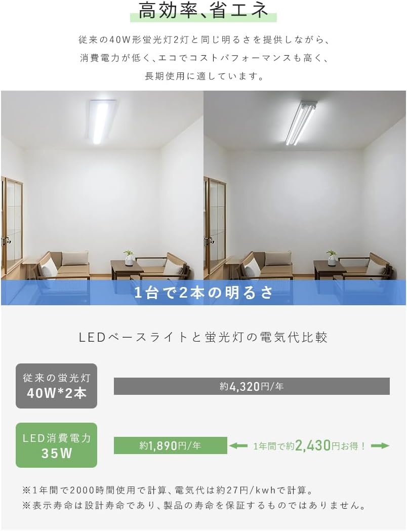LEDベースライト 40W形 【幅230mm】2灯相当 昼白色5000K 7200lm 逆富士型 キッチン照明 【hanshanyan】 器具一体型