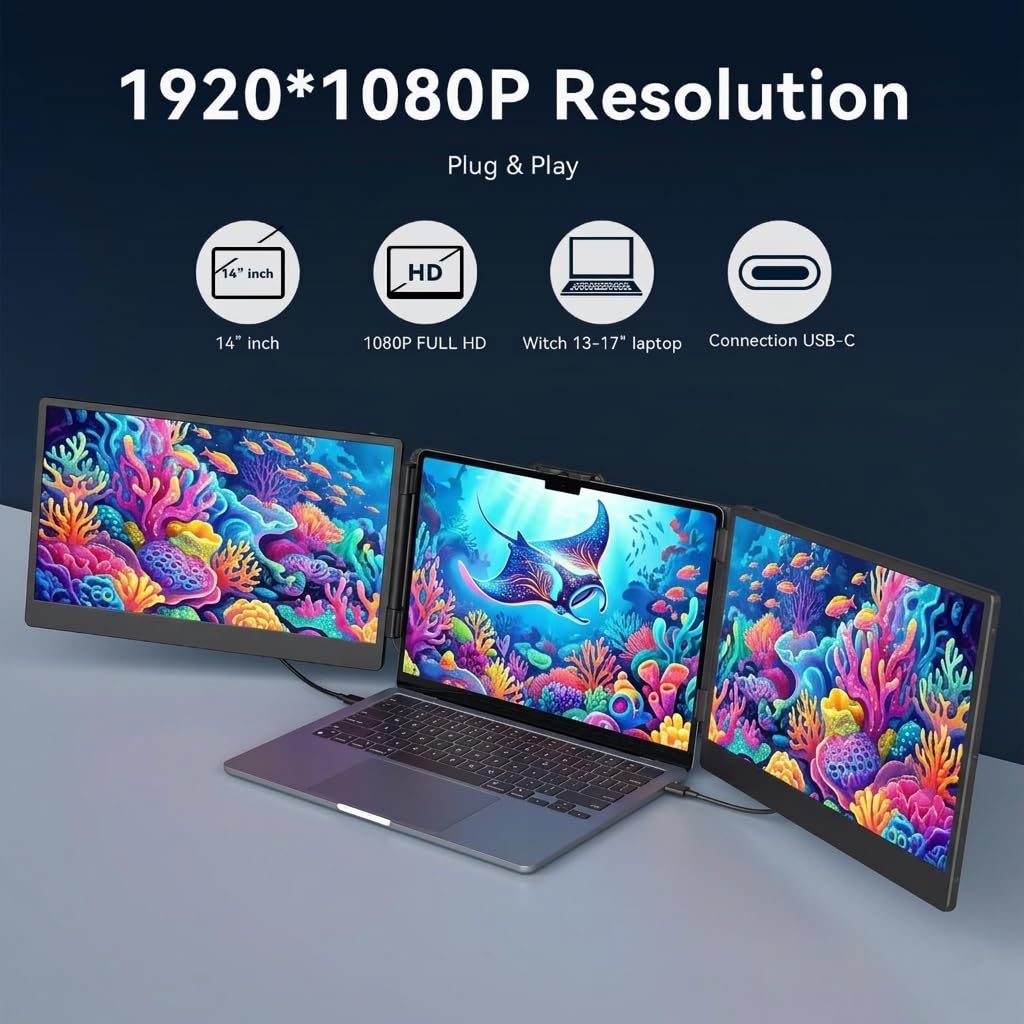 SMISEACOW Laptop Screen Extender Triple 15.6", 1080P FHD IPS 0.18" Ultra-Slim & 3.9 lbs, Plug-Play Portable Monitor for Laptops Fits 12-17.3" Laptops, Compatible with Win/Mac/Android product image 20