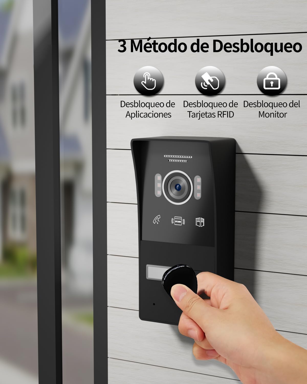 A hand swiping an RFID key fob over the outdoor doorbell unit to unlock the door.