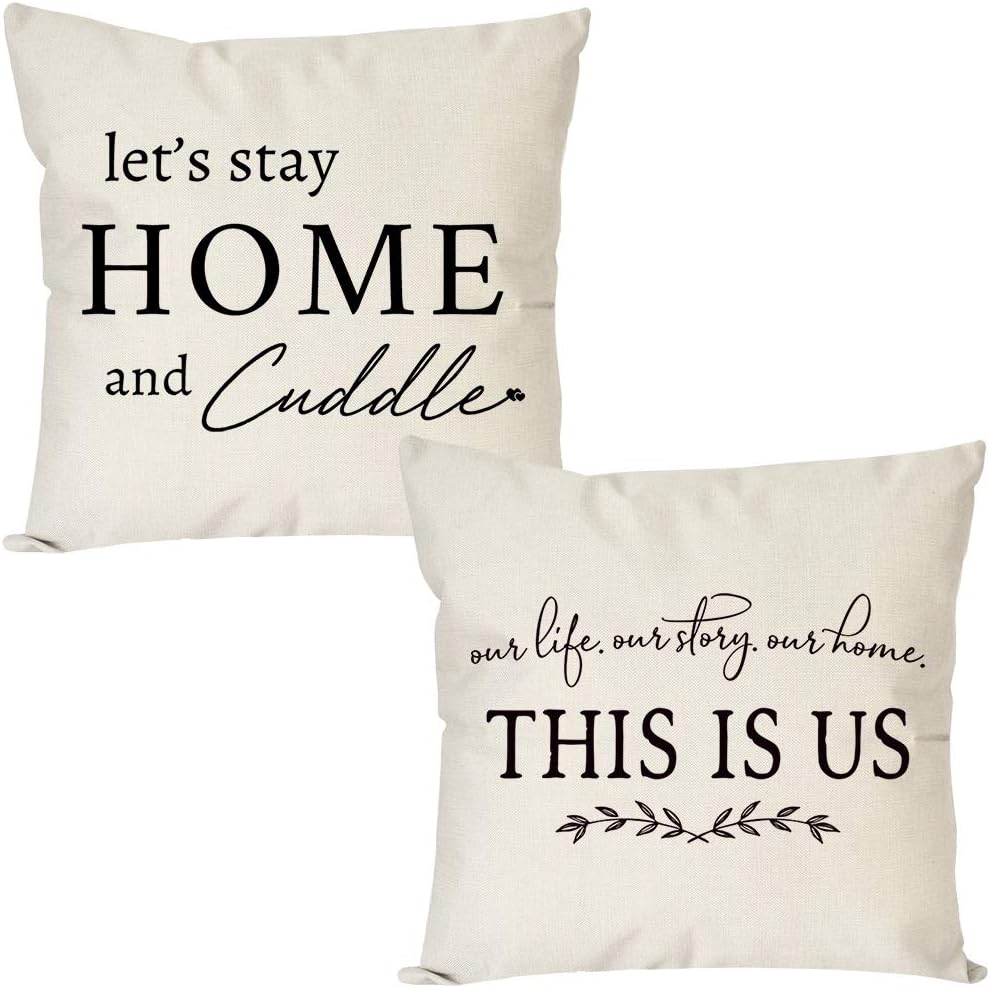PANDICORN Set of 2 Farmhouse Pillow Covers 18x18 with Quotes This is Us Let’s Stay Home Cuddle for Room Décor, Rustic Black and Cream Throw Pillow Cases for Living Room