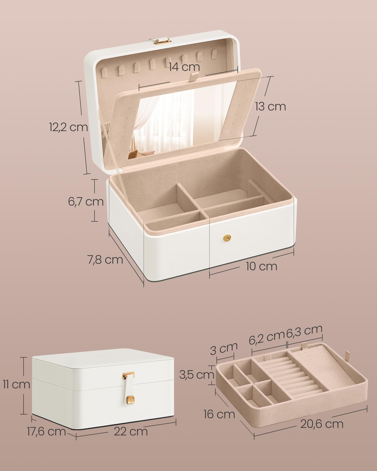 SONGMICS Pudełko na biżuterię z lustrem, 2-poziomowy organizer na biżuterię, elastyczna taca na biżuterię, 17,6 x 22 x 11 cm, organizer na kolczyki, pomysł na prezent, biała chmurka JBC200W01