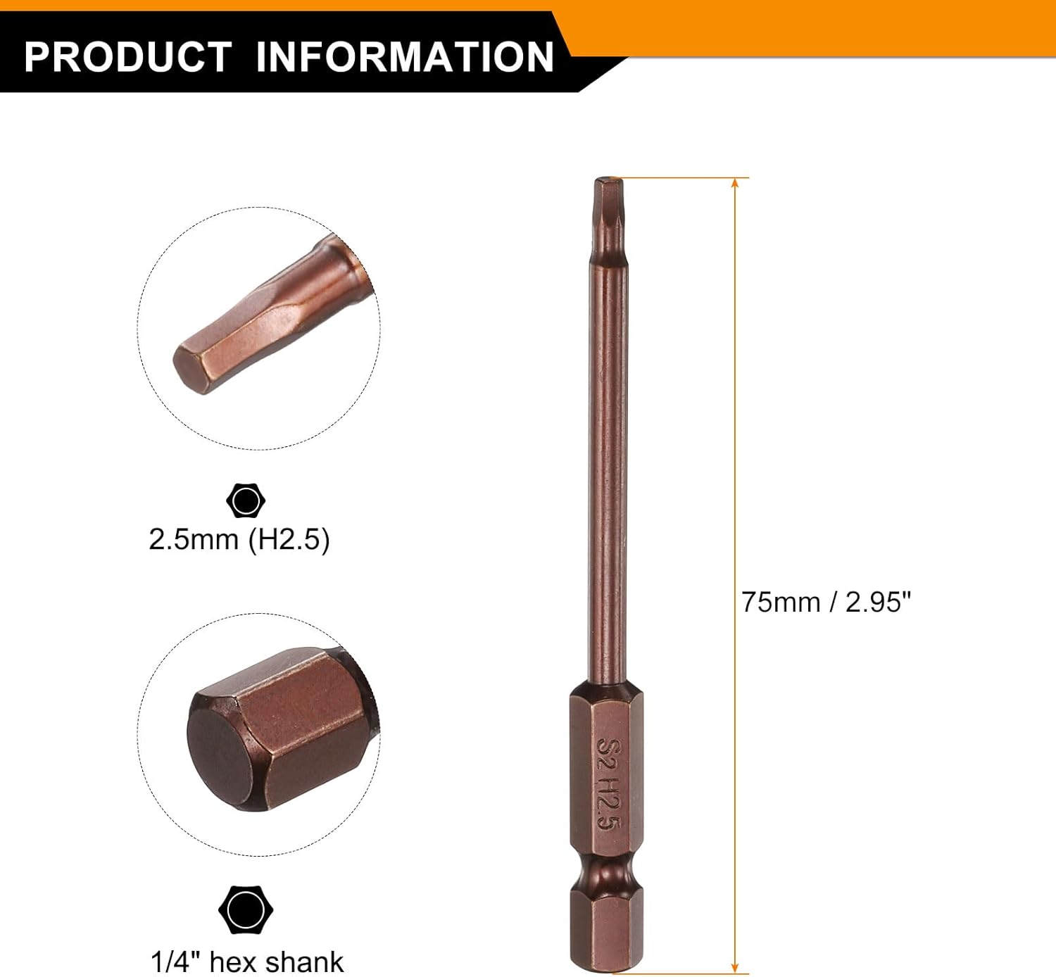 HARFINGTON Hex Head Wrench Drill Bit 2.5mm(H2.5) Metric 1/4" Hex Shank 3"(75mm) Length S2 Steel Magnetic Impact Drivers Screwdriver Bit Industrial Grade Hexagon Electric Drill Bits
