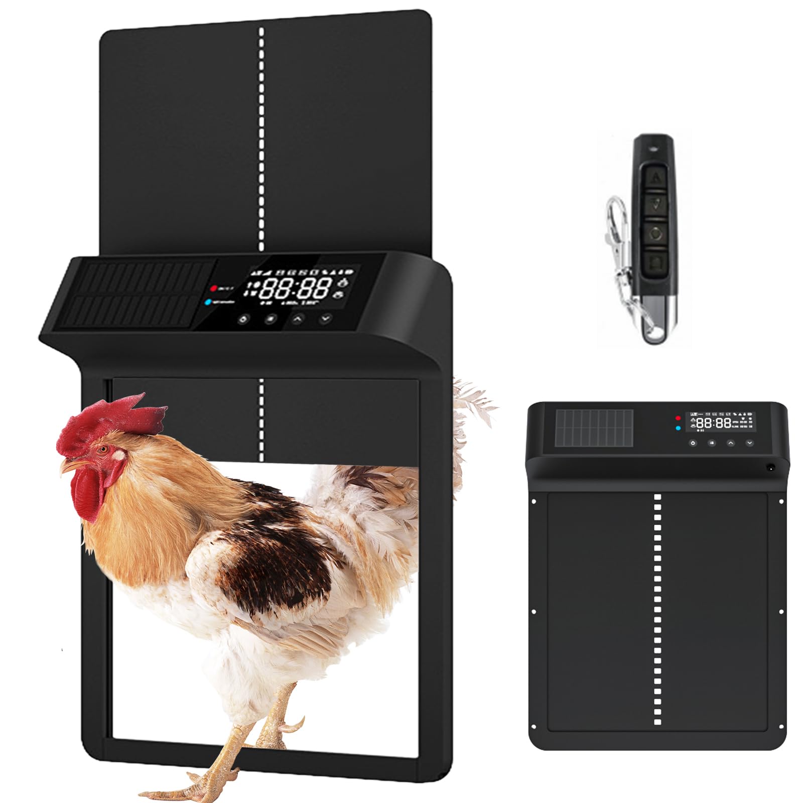 Porta automatica per pollaio, apriporta elettrico ad energia solare con modalità timer/sensore di luce e telecomando, porta automatica per pollaio con batteria da 5000 mAh, schermo LED, anti-pizzica