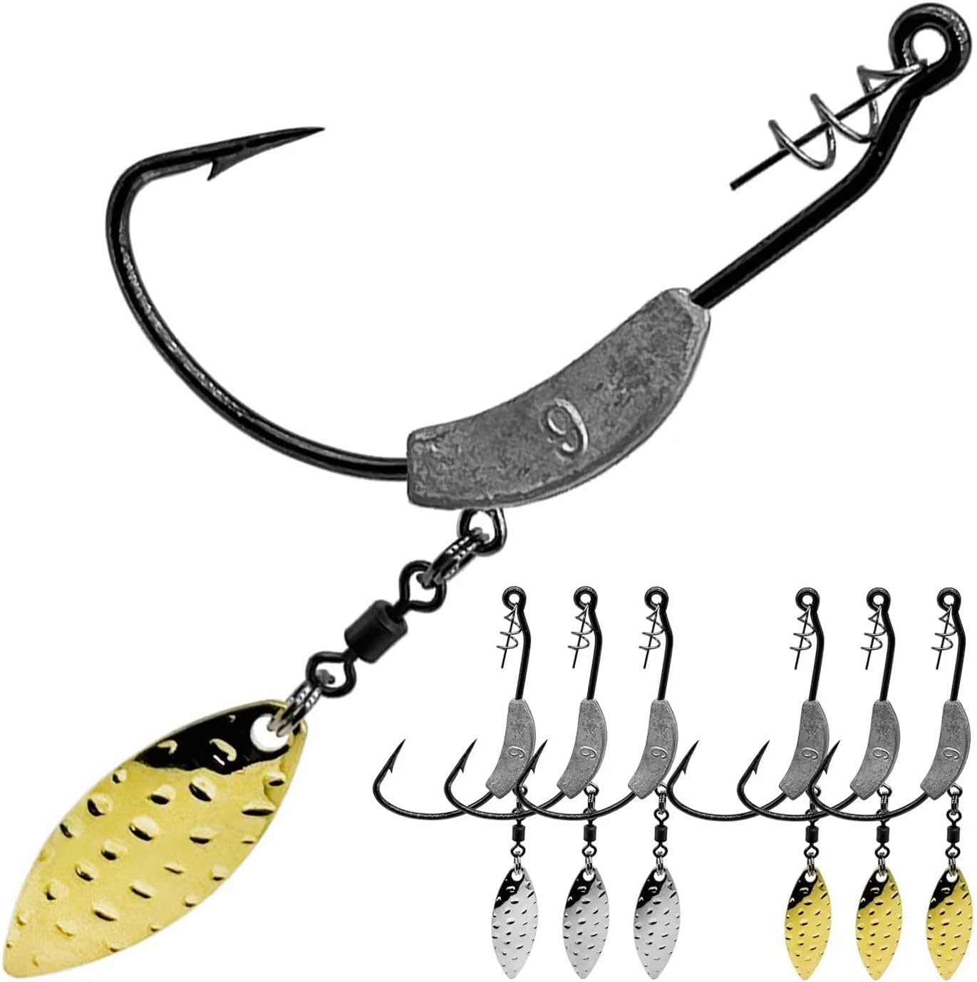 Weighted Swimbait Hooks, 6pcs Underspin Swimbait Hook with Twistlock, Weighted Crank Hooks with Gold/Silver Spinner Blades for Soft Fishing Lures