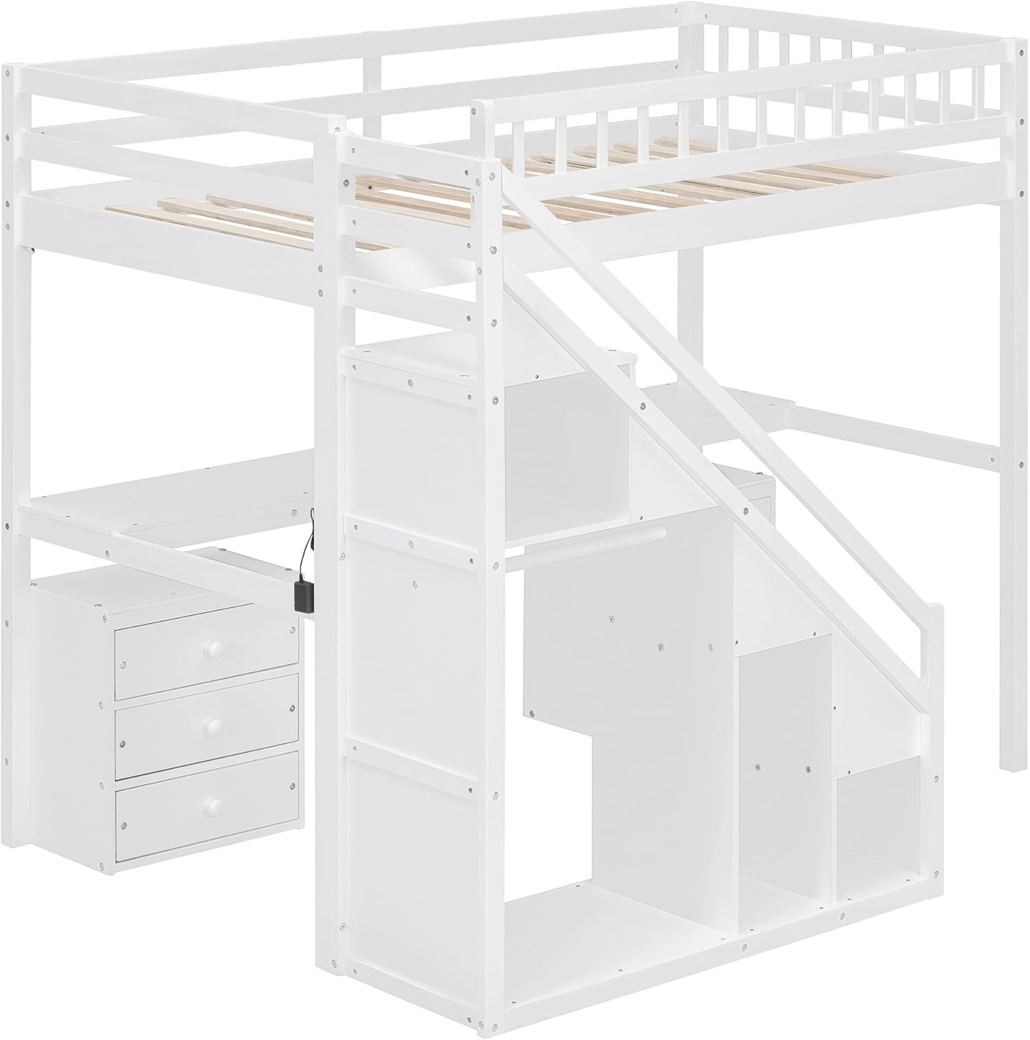 Bellemave Twin Loft Bed with Stairs and Shelves, Wood Loft Bed with Two Chest of Drawers, Wardrobe, LED for Kids, Teens, Adults, White