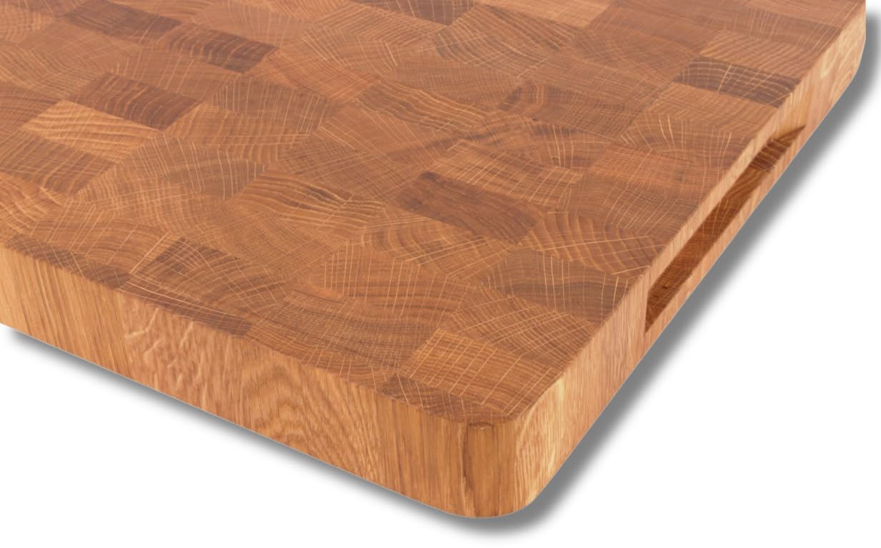 EFO Schneidebrett Holz 50x35x4 cm | Stirnholz Küchenbrett aus Eiche –messerschonend und langlebig | Zweiseitiges Schneidebrett mit praktischen Griffen | Holzbrett groß für Küche mit abgerundeten Ecken