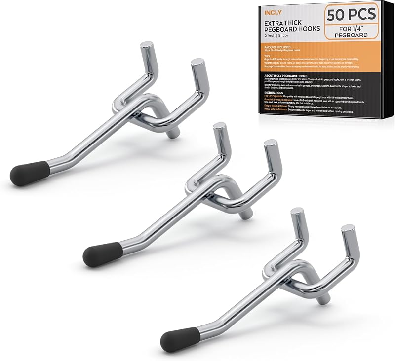 INCLY Paquete de 50 ganchos para tablero perforado de 2 pulgadas con punta de goma, 1/4" resistente | Accesorios para ganchos para tablero perforado, colgadores para herramientas para tablero perforado de 1/4", para colgar herramientas en garaje, sala de manualidades, cocina, tienda