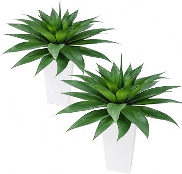 2PCS Large Agave Plant Artificial in White Pot Faux Agave Plant Outdoor