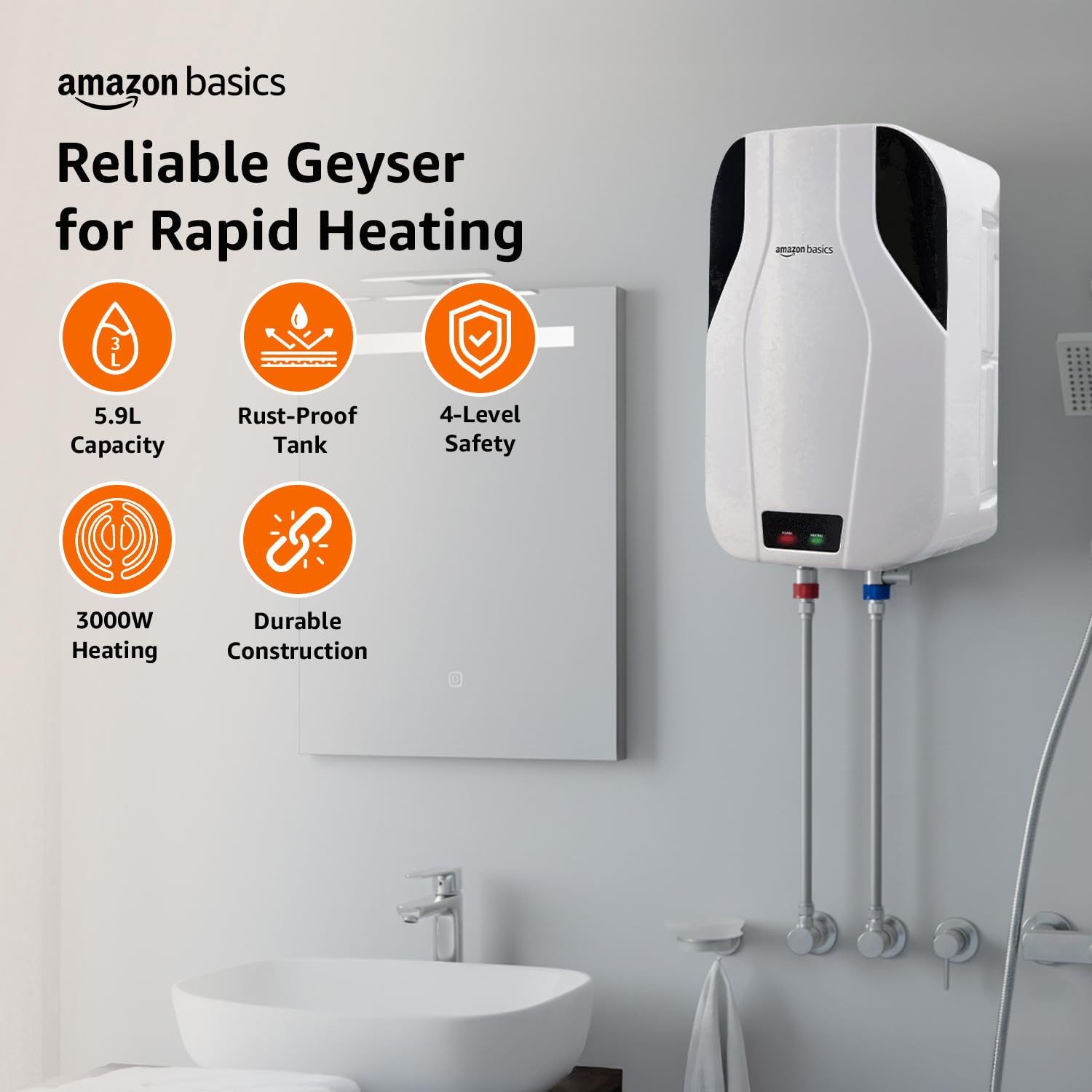 Amazon Basics 5.9L Instant Water Heater | 3KW | Geyser with PP Body & SS Tank | Corded Electric | Rust Proof | 4 Level Safety | White