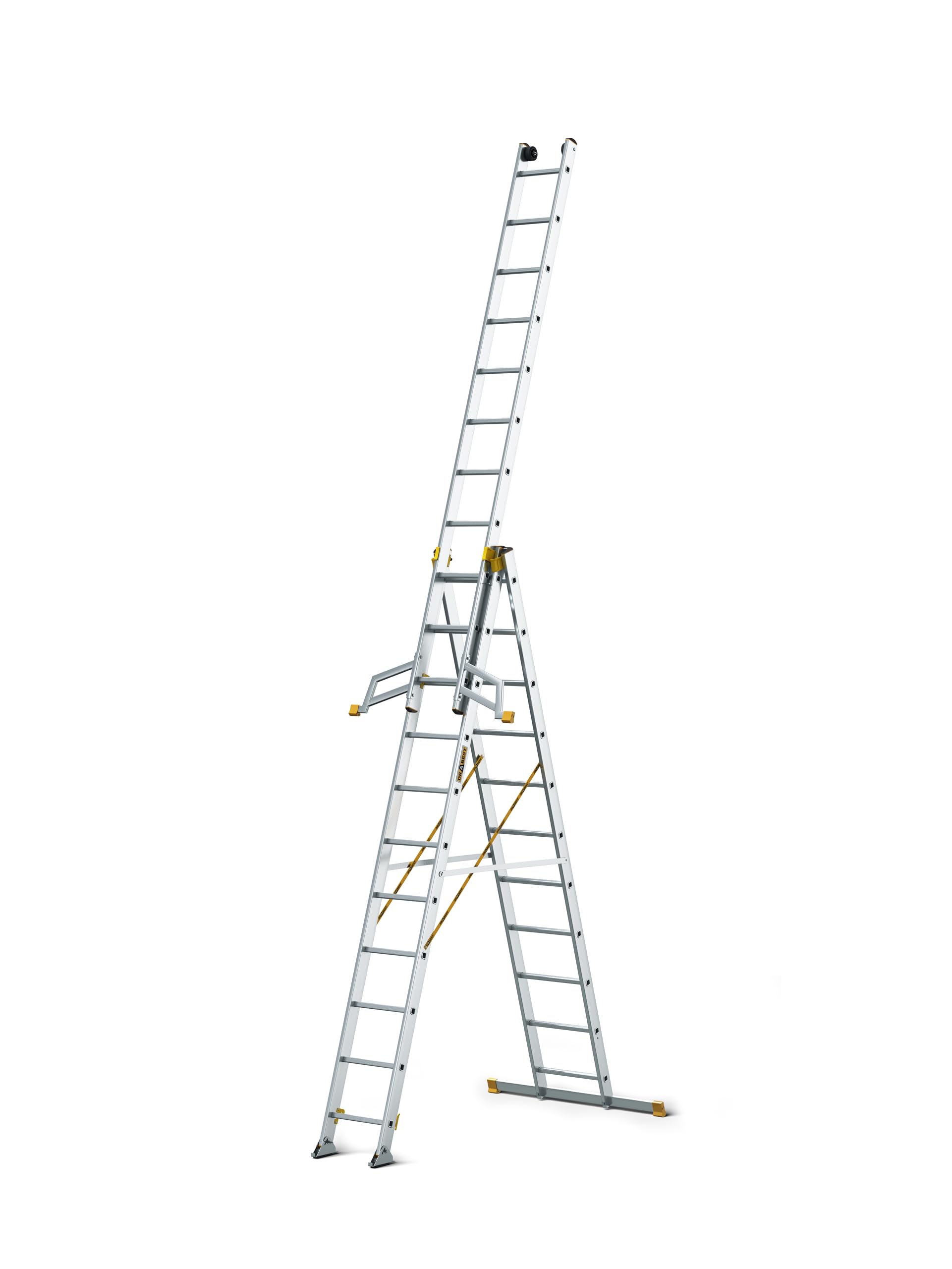 DRABEST - Professional Aluminium MAX Ladder - 3 x 11 steps - Non-slip steps - 7.62 m length - up to 150 kg - 3 sections - for Works - multipurpose, Scissor Ladder - Adjustable