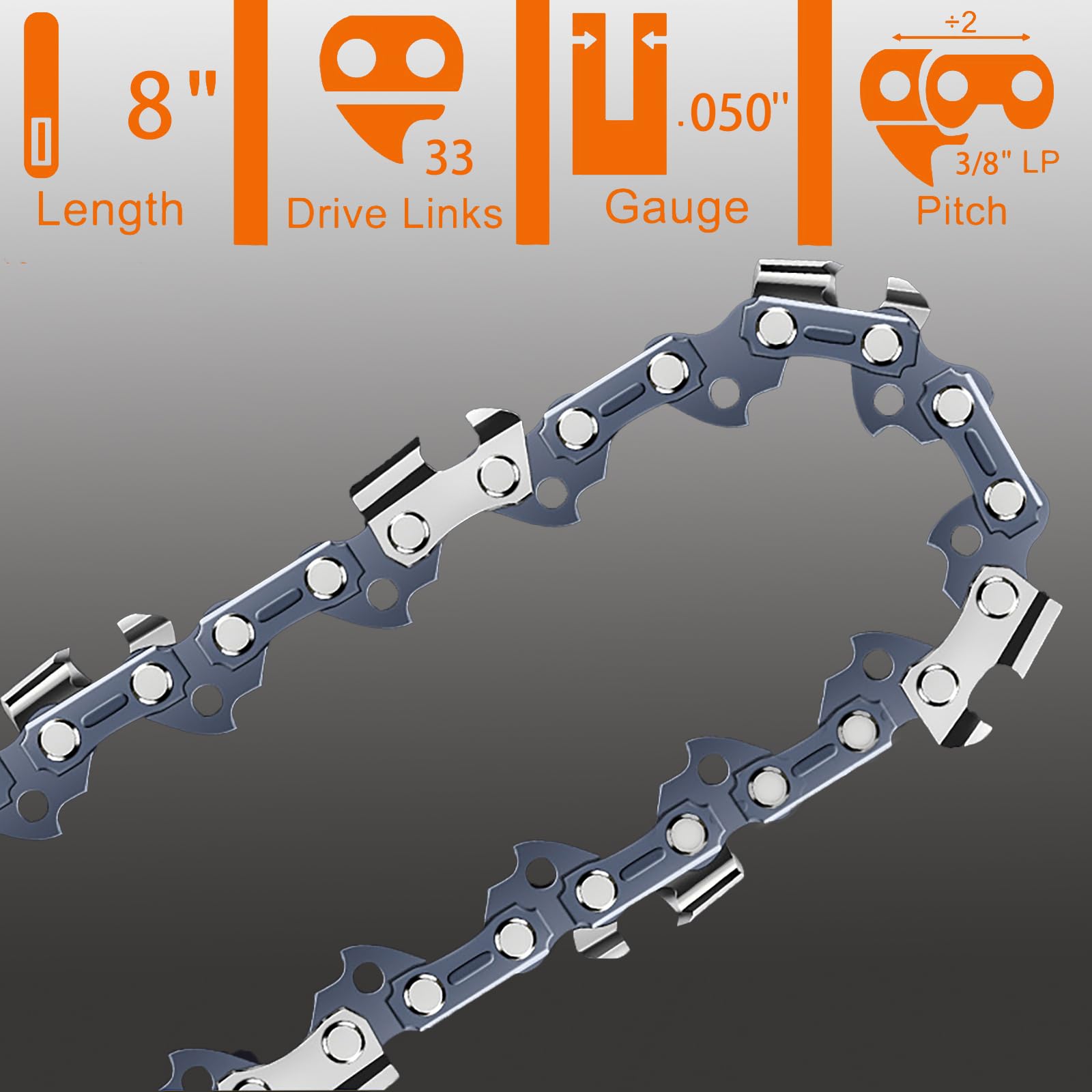 [Paquete de 5] Cadena de motosierra de 8 pulgadas de paso LP de 0.50 pulgadas, calibre de 0.50 pulgadas, 33 eslabones de transmisión para Sun Joe SWJ800E/SWJ806E, Greenworks 20302/20672, Earthwise,
