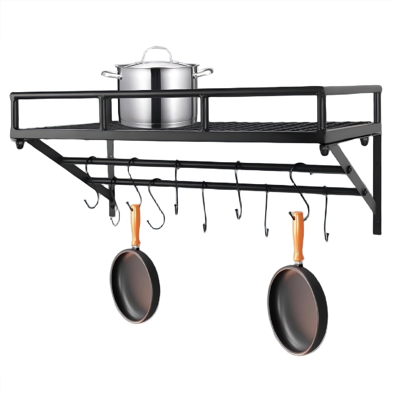 24 Inch Wall Mounted Pot Rack with 2 Hanging Rails and 10 Hooks, Kitchen Shelves Cookware Hanging Storage Organizer,Ideal for Pans, Utensils, Cookware