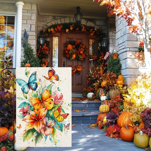 Hsrvivi Fall Garden Flag For Outside, Colorful Butterfly Floral Garden Flag, Welcome Summer Garden Flag 12X18 Inch Double Sided Burlap, Outdoor Yard Flag Decorations For Home（Only Garden Flag） thumb #1