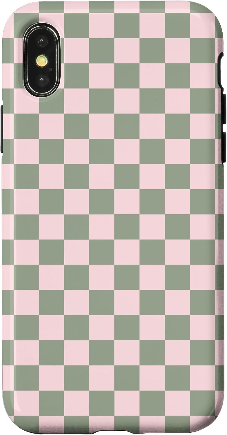 iPhone XR Pink Greenish Grey Checkered Checker Checkerboard Aesthetic Case