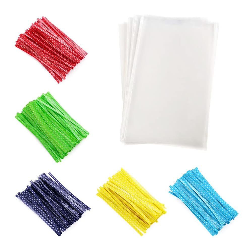 Newkita 6x9 Cellophane Goodie Bags, Clear Treat bags with 4 Ties for Cookies Candy Rice Crispy Cakepop Goodie Christmas Thanksgiving Halloween Party Favor Gift Bags, 100Pack