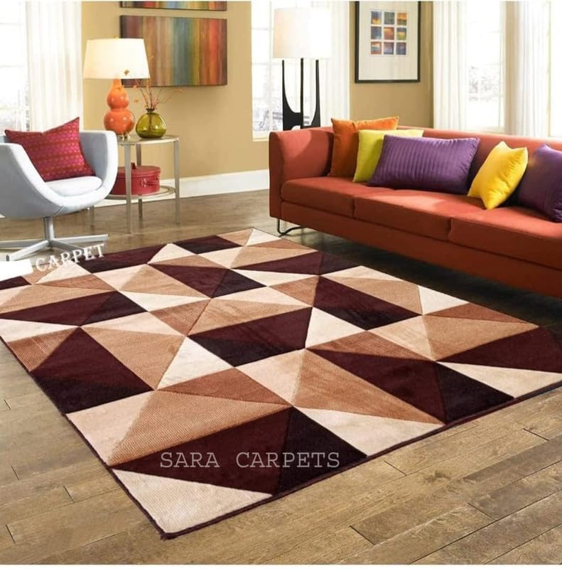 Image of Soft Thick Geometric Acrylic Washable Anti Skid Carpet. for Living Room Bedroom. Hall Size 8 x 11 feet (150X210 Cm) Brown D14
