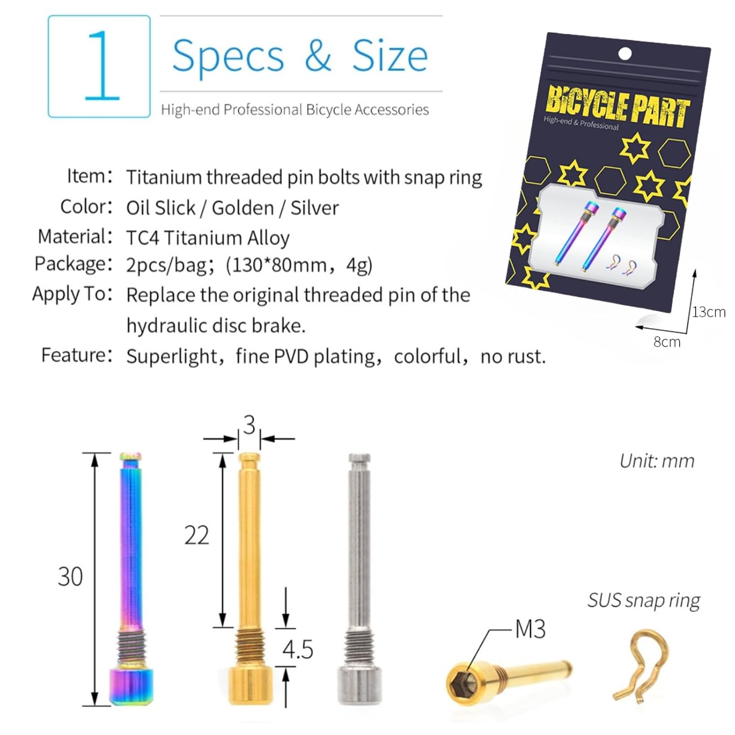 Titanium Hydraulic Bike Disc Brake Pin Bolts, Rainbow | With Snap Ring, M4x26mm Threaded, For Road Mountain Bicycle, Hydraulic Disk Caliper Bolts, 2-Pack