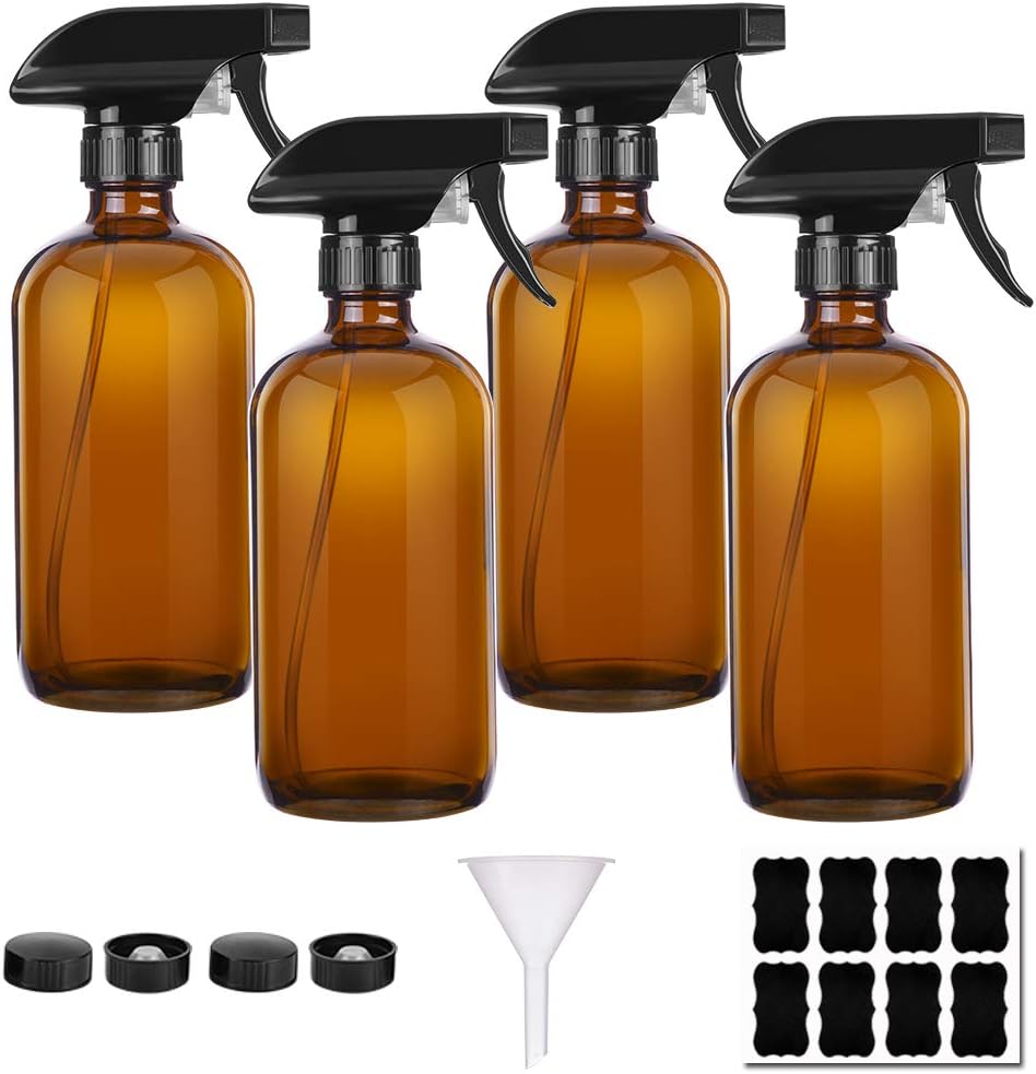 Amber Glass Spray Bottles 16 oz Pump Bottle (4 Pack) with Leak Proof
