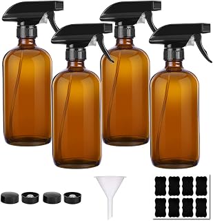 Amber Glass Spray Bottles 16 oz Pump Bottle (4 Pack) with Leak Proof Design and Adjustable Nozzle Fine Mist Sprayers Dispenser for Essential Oils, Aromatherapy and Natural Cleaning Products
