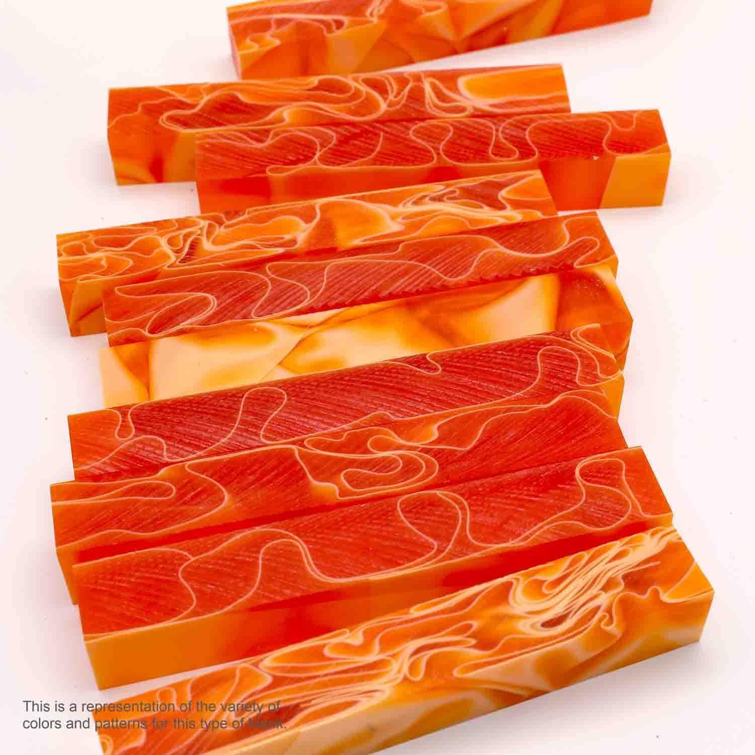 Legacy Woodturning, Acrylic Pen Blank, Orange with White Lines, 5" x 3/4" x 3/4", 7 Pack