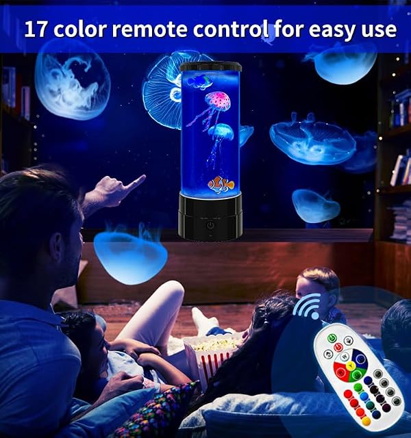 FineLiMoLa Jellyfish Lamp 12"-Black Minimalist Cylinder Table Lamp with 2 Large Jellyfish & 2 Fish,16 Color Changing LED,USB Powered,Remote Control,Jellyfish Light Lamp for Kids Christmas Gift by FineLiMoLa - Used condition - Image 8