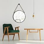 POZINO Miroir rond, 15" Miroir suspendu à corde, Miroirs du cercle de ferme, Miroir mural en métal noir pour salle de bains, Chambre, Salon, Entrée, Décor
