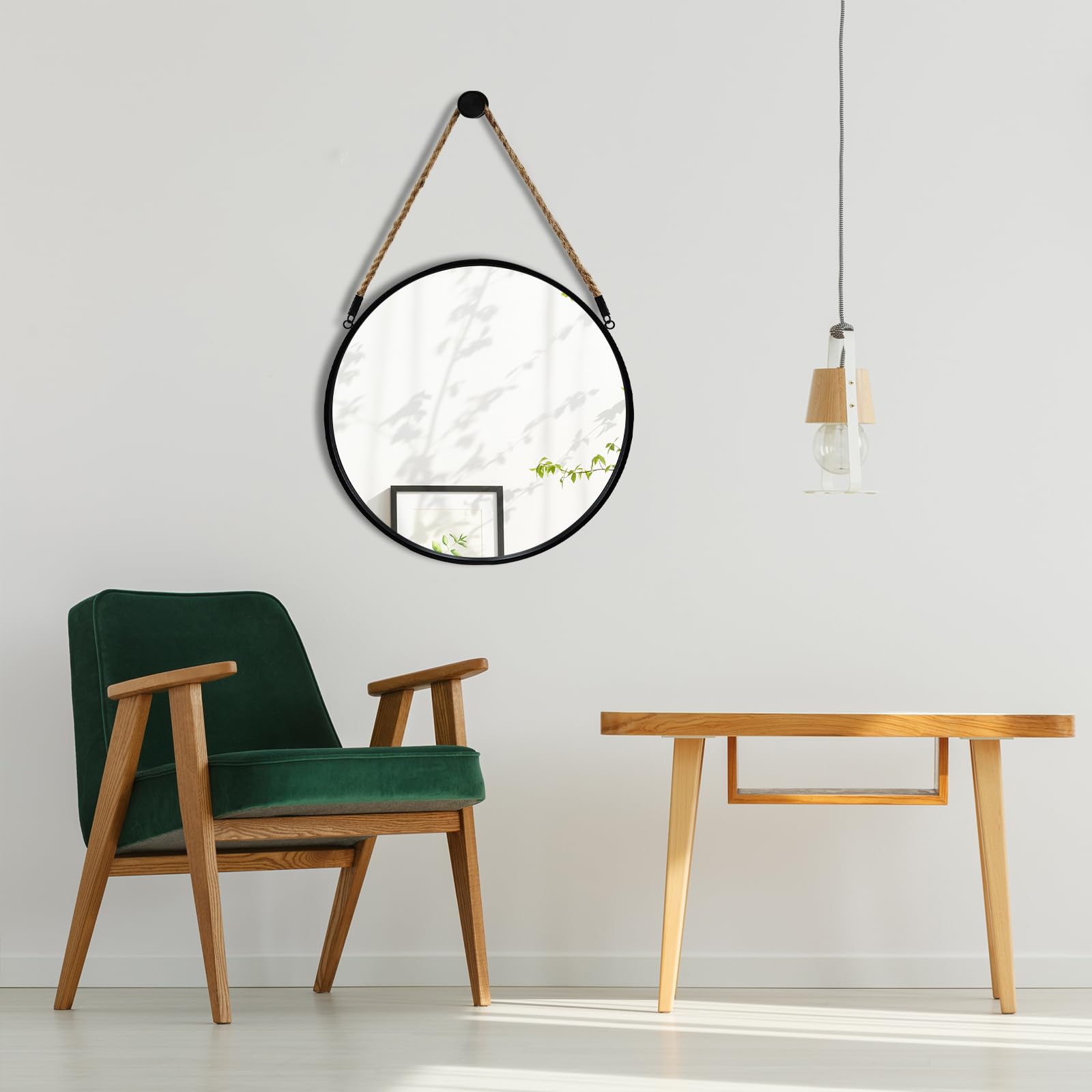 POZINO Miroir rond noir à suspendre, miroir en corde circulaire, miroir de ferme de 38,1 cm avec corde de suspension pour salle de bain, chambre à coucher, salon, entrée, décoration d'intérieur
