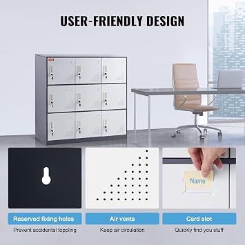 Dressing Table with Mirror Employee Metal Locker, 9-Door Locker with Card Slot, Grey Steel Employee Locker with Key, Suitable for Home, School, Office, Gym