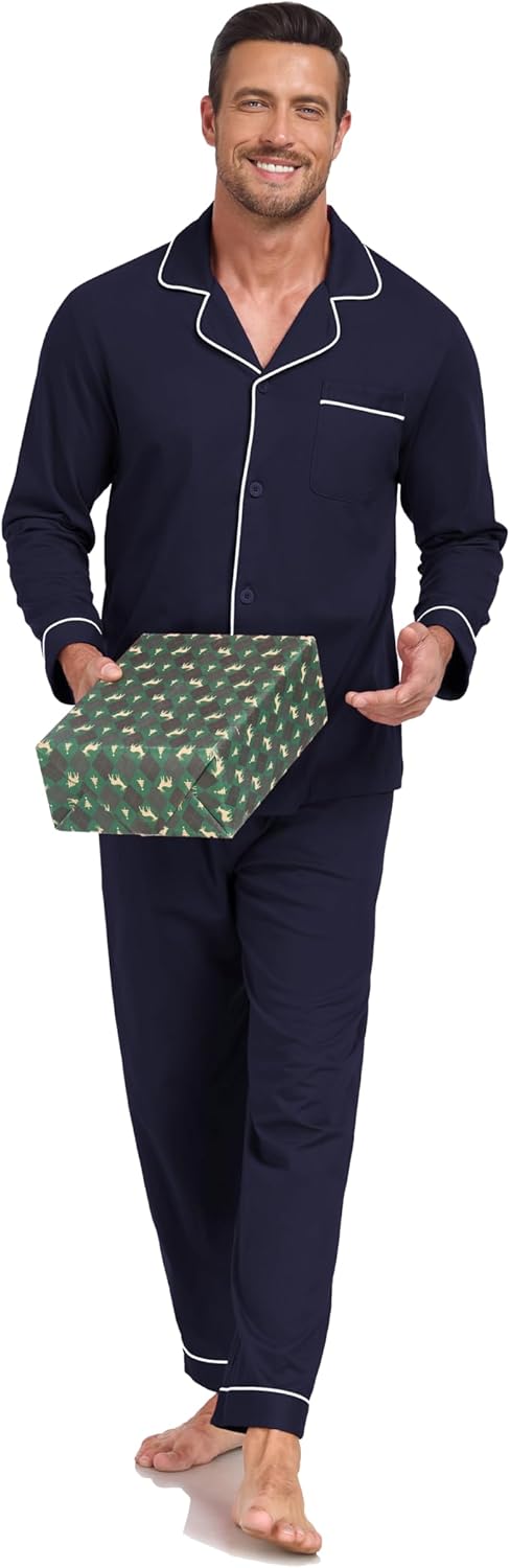 EA'S SECRET Men's Cotton Pajamas Set Button Down Pjs Set for Men Long Sleeve Knit Sleepwear Loungewear with Pockets - Image 6