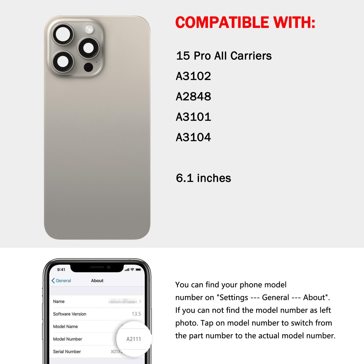 Back Glass Screen Replacement Compatible with iPhone 15 Pro 6.1-Inches All Carriers +Pre-Installed Plate +Wireless Charging Coil Flex Cable +Flashlight +Microphone +Camera Frame (Natural)