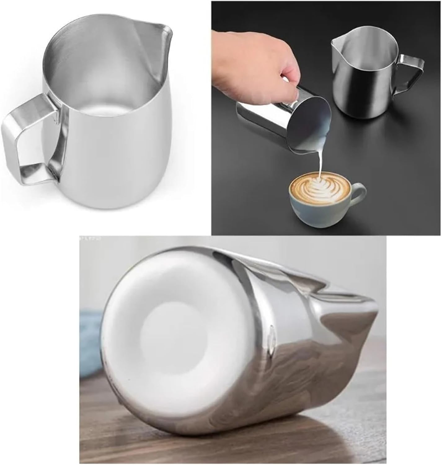 Stainless steel latte art cup thickened suitable for coffee milk foaming can pointed mouth easy machine(Silver 600ML)