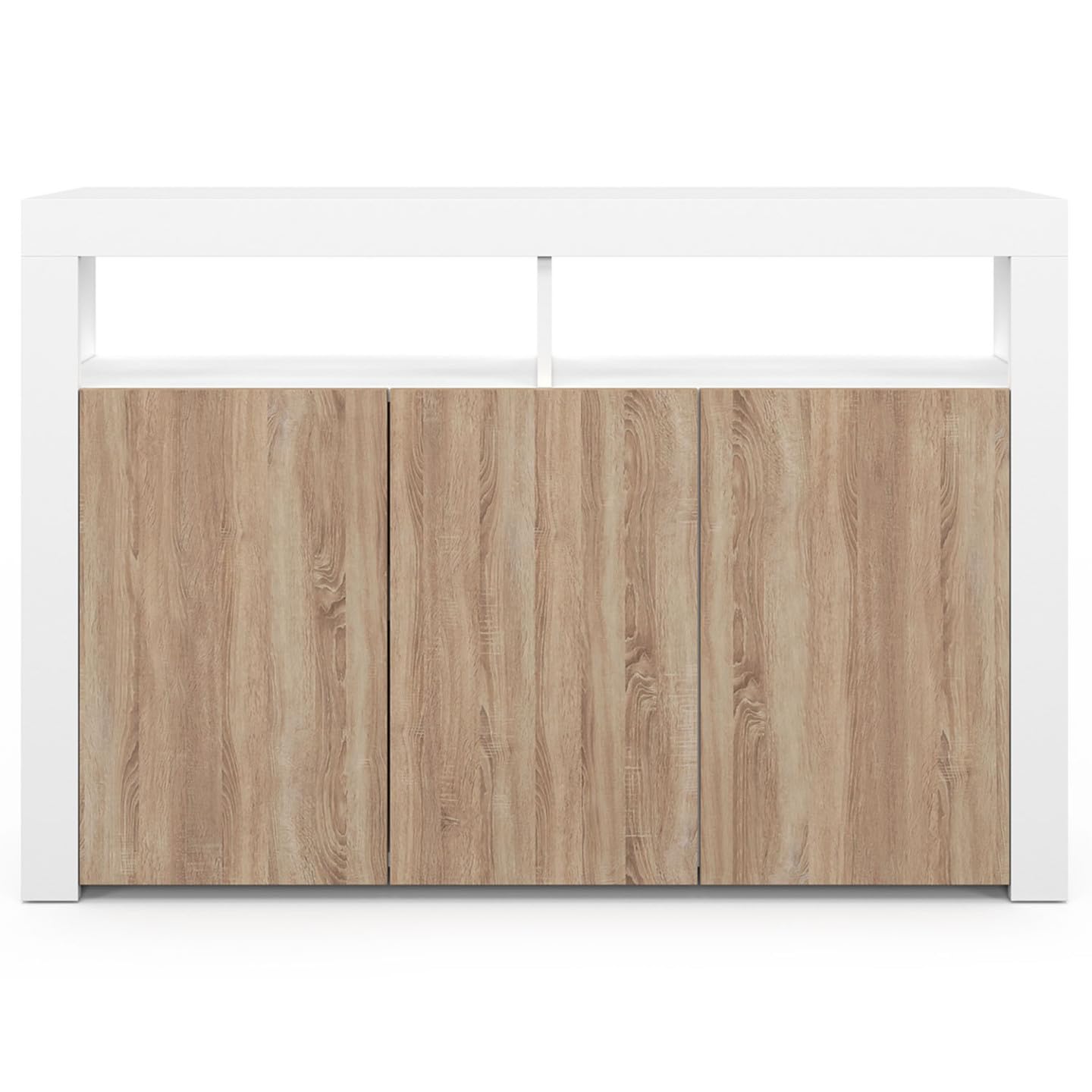 IDMarket ELIGHT - Aparador de 110 cm, 3 puertas con LED y nichos blanco y madera de haya