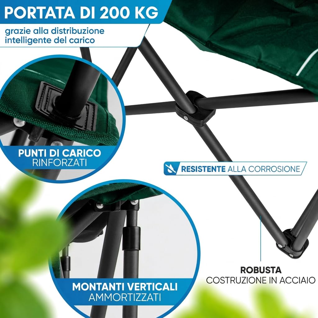 NORDMUT® Sedia da campeggio pieghevole leggera – stabile con portata 200 kg – Comoda sedia da pesca con pratica borsa frigo e portabicchieri (Verde 1x)