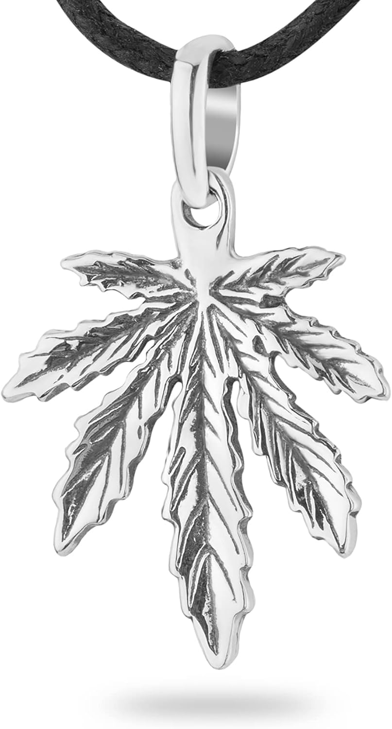 925 Sterling Silver Marijuana Pot Leaf Necklace Weed Cannabis Plant Herb Ganja Pendant Choker Charm Rasta Hippie Hip Hop Jewelry Cute Gifts for Men Women/Handmade
