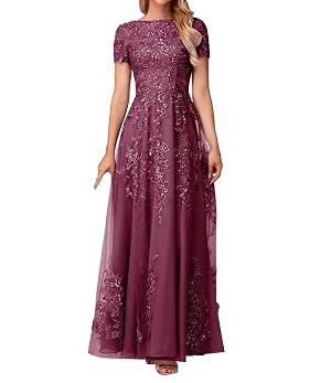 Lace Appliques Tulle Mother of Bride Dresses Scoop Neck Short Sleeve Formal Evening Gown
