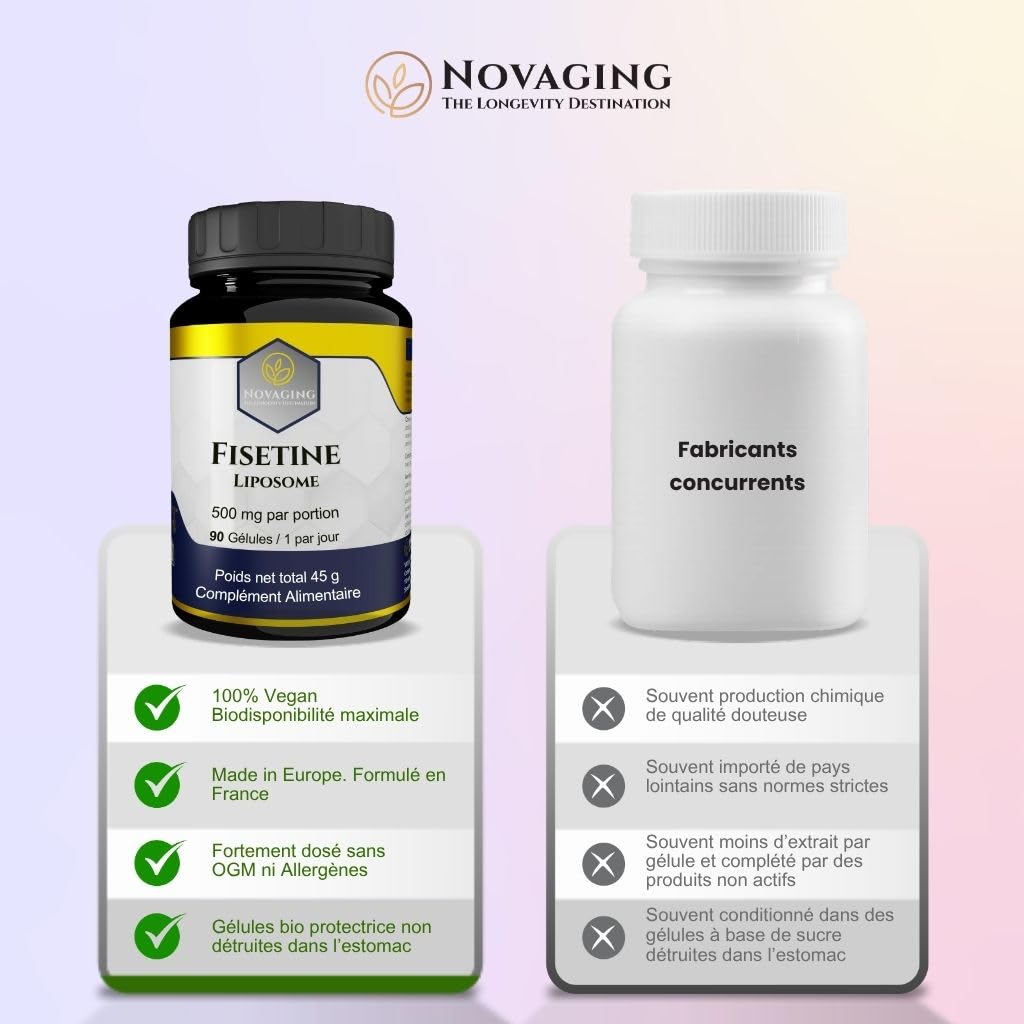 Fisetine Liposomale 500 mg 90 Gélules Vegan, 3 mois. | NovAging© Bio-disponibilité maximale. Anti-âge. flavonoïde naturel. Précisément dosé. Testé sans OGM ni allergènes.