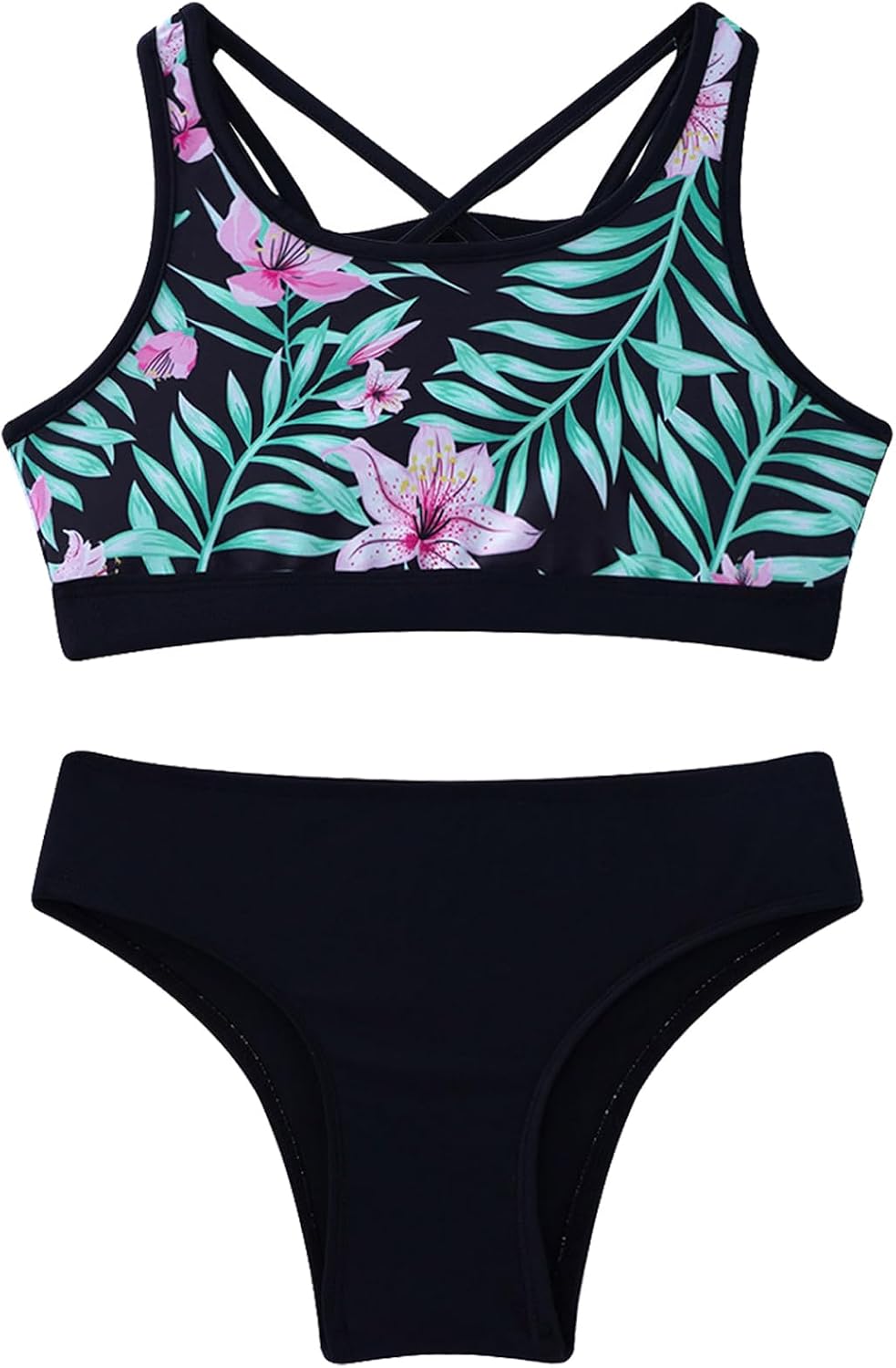 Hansber 3 Pcs Swimwear for Girls Kids Long Sleeve Swimshirts Crop Tops with Briefs Rash Guard Set