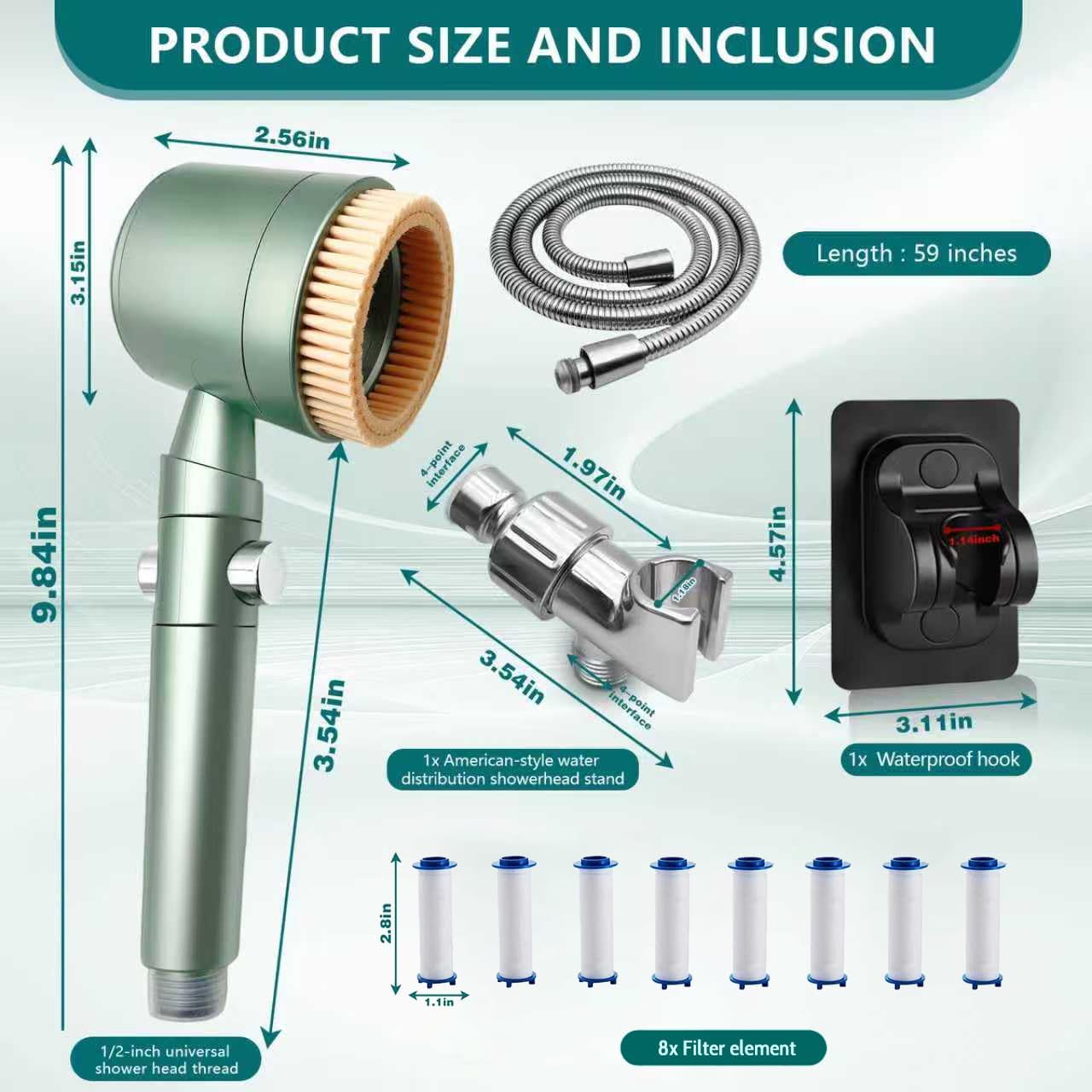 2026Version Turbocharged High Pressure Filtered Shower Head with Handheld & Outlet Soft Brush - 6 Spray Modes, 5-Stage Filtration System, 59" Hose - Chlorine & Hard Water Filter (8 filter cartridges)
