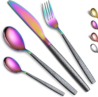 Cutlery Set 16 Pieces with Moon Surface Black Handle and Shiny Rainbow Mouth Titanium Coating Stainless Steel Modern Cutlery Set Utensils Set Service for 4