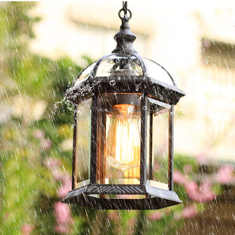 Mengjay Retro schwarz Außen-Hängeleuchte Wasserdichte Hängelampe Höhenverstellbar E27 Pendelleuchte Aluminium/glas Aussen Innen Garten Laterne für Terrasse Pavillon Balkon Trauben Rahmen