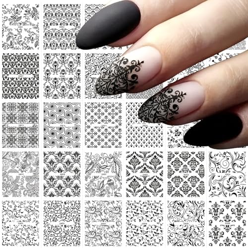 30 Sheets Black Flowers Nail Art Stickers 3D Self -Adhesive Black Floral Leaves Nail Decals Holographic Blossom Totem Nail Stickers Lace Flowers Nail Decals Decoration for Women Manicure Supplies
